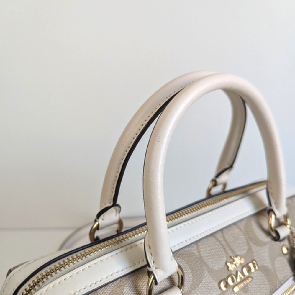 Coach Rowan Satchel Bag Signature Logo Taupe Canvas Leather Trim Crossbody Purse - Picture 7 of 16